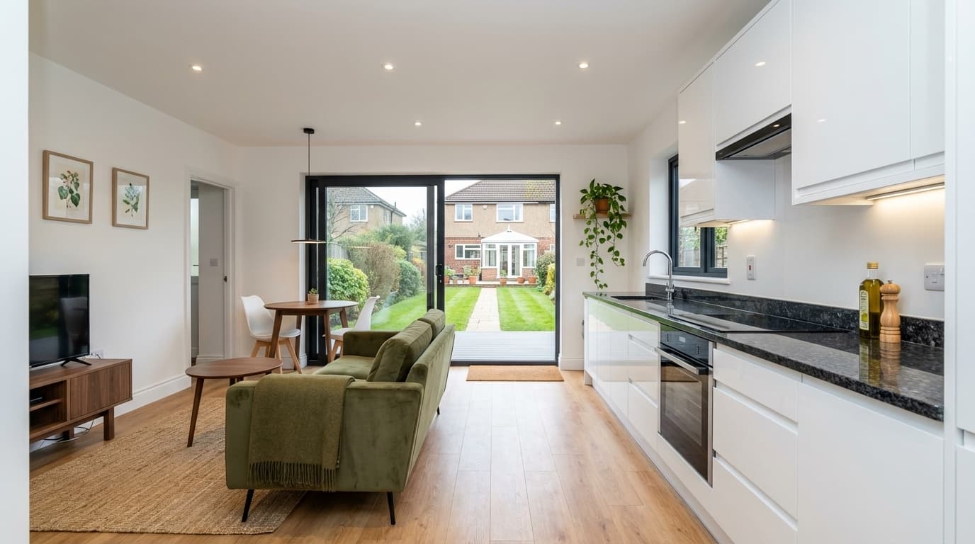 Open-plan living and kitchen with garden views