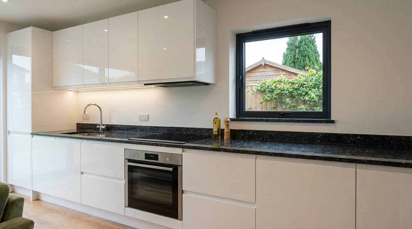 Modern fitted kitchen inside a granny annexe